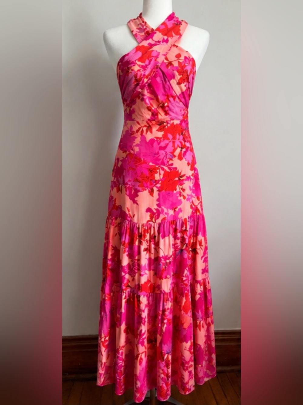 Hello Molly Love Loop Midi Dress Floral Halter Pink Size S
